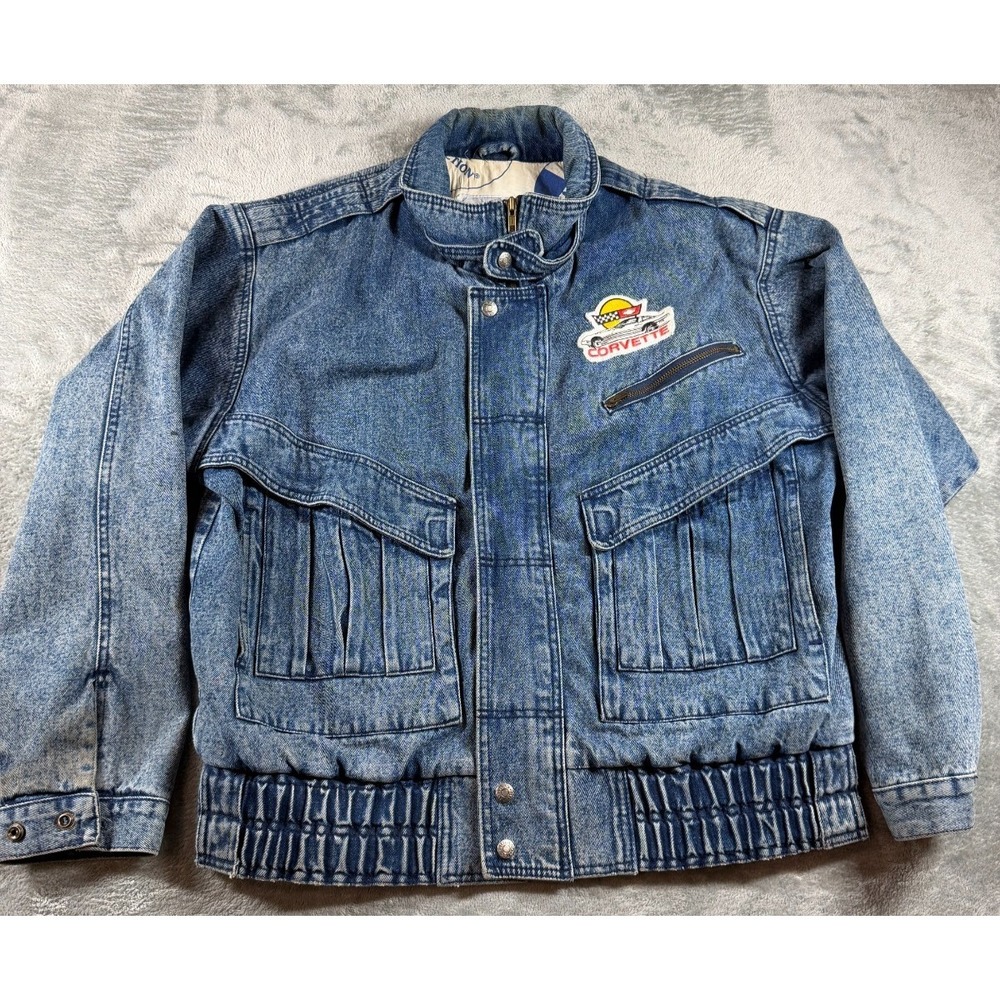 Vtg Milano Bay Corvette Denim Jacket Embroidered Logo Lined Size L